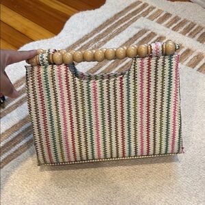 Chic Pink and Green Striped Tote with Natural Handle
